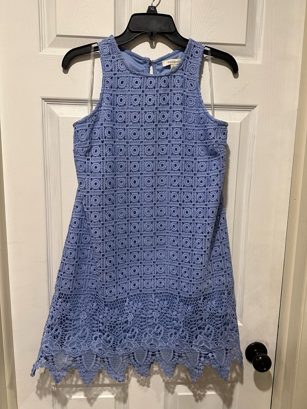 Francesca’s Periwinkle Blue Crochet Dress, fully lined. Size large.
